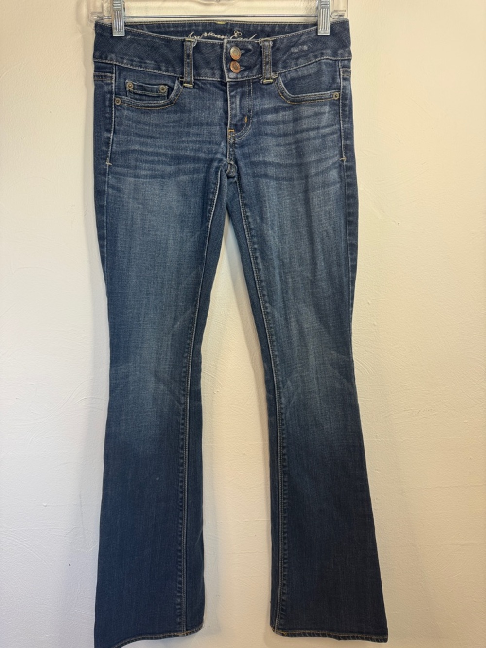 American Eagle Outfitters Medium Blue Flare Jeans Juniors Low Rise Double Button